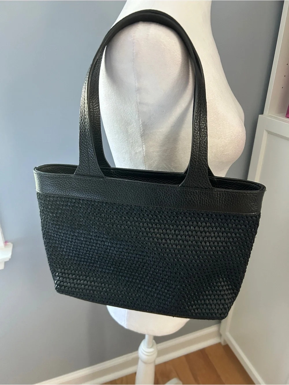 Rani Arabella Stella Mini Tote Handbag Black Woven Raffia Leather Italy